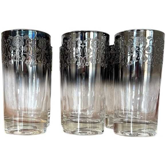 MCM Dorothy Thorpe Style Highball Glasses Silver Fade Filigree Barware 6 Pc Set - Picture 2 of 16
